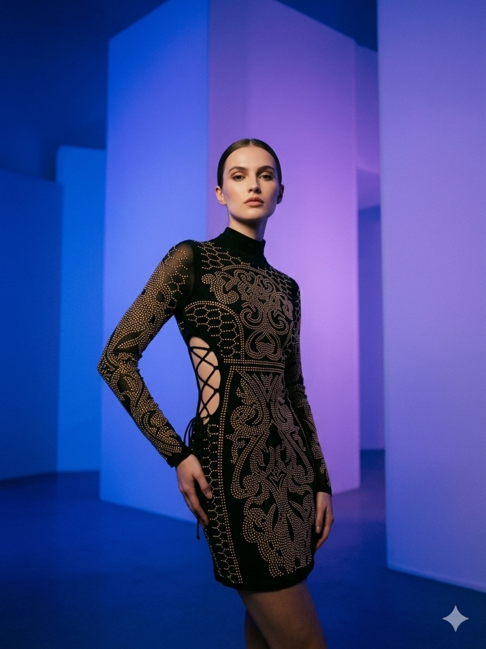 Banjul Black Mini Dress with Gold Stud Pattern